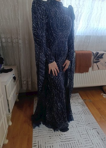 Uzun Lacivert Drapeli Kadın Abiye Elbise - Görsel 5