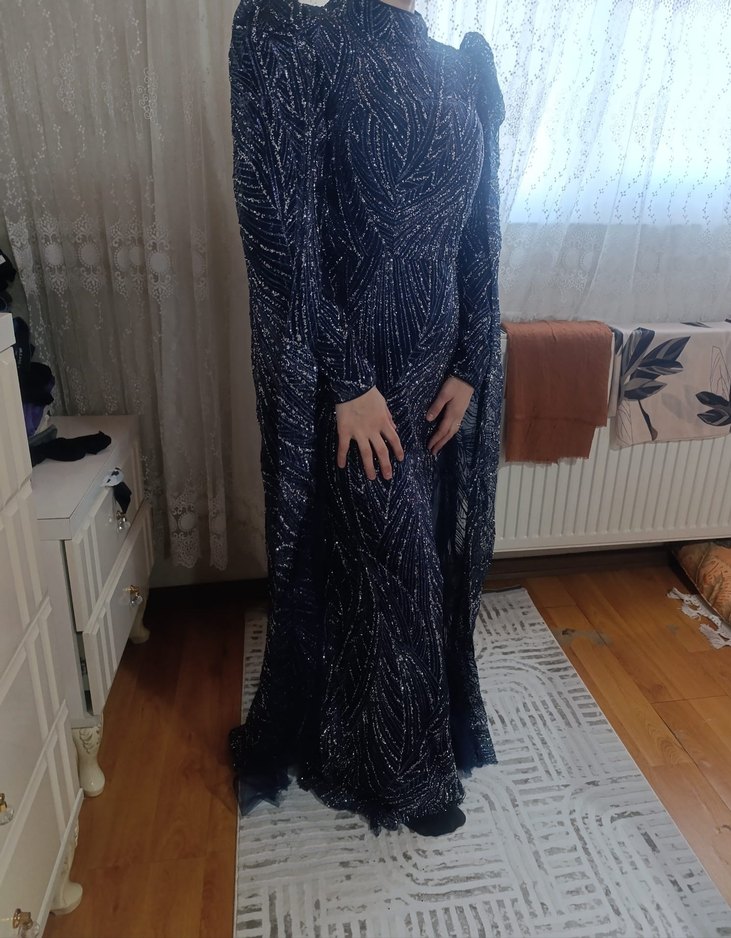 Uzun Lacivert Drapeli Kadın Abiye Elbise - Görsel 5