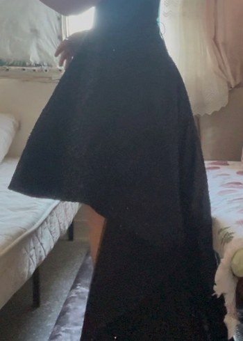 Siyah Simli önü kısa arkası Uzun V Yaka Abiye Elbise - Görsel 3