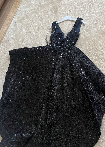 Siyah Simli önü kısa arkası Uzun V Yaka Abiye Elbise - Görsel 2