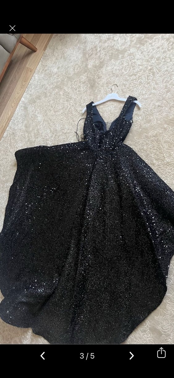 Siyah Simli önü kısa arkası Uzun V Yaka Abiye Elbise - Görsel 2