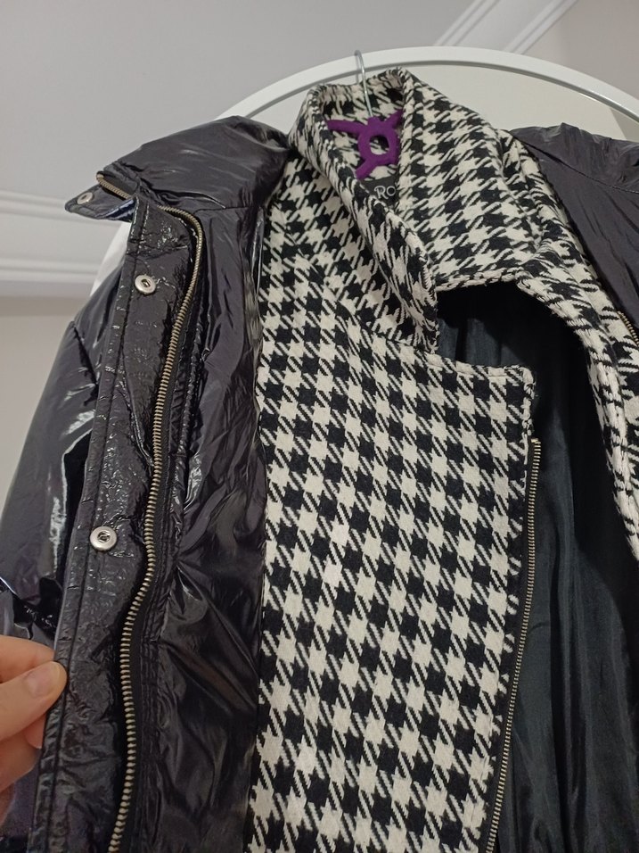 Düğmeli Siyah Ekose Midi Kadın Mont - Görsel 2