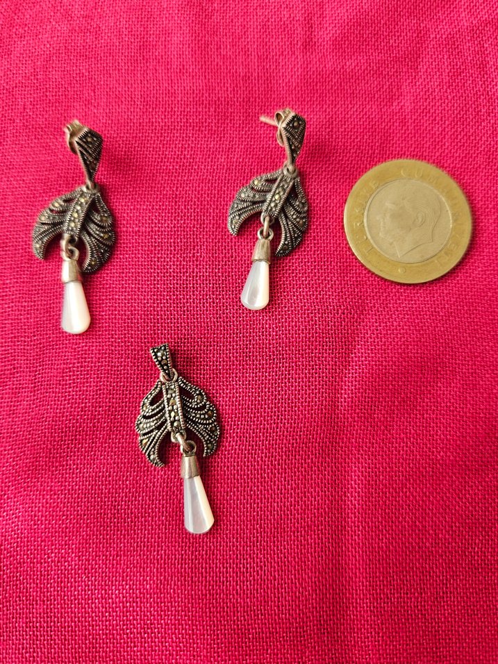 Vintage Gümüş Takı Seti Markazit+ Sedef - Görsel 2