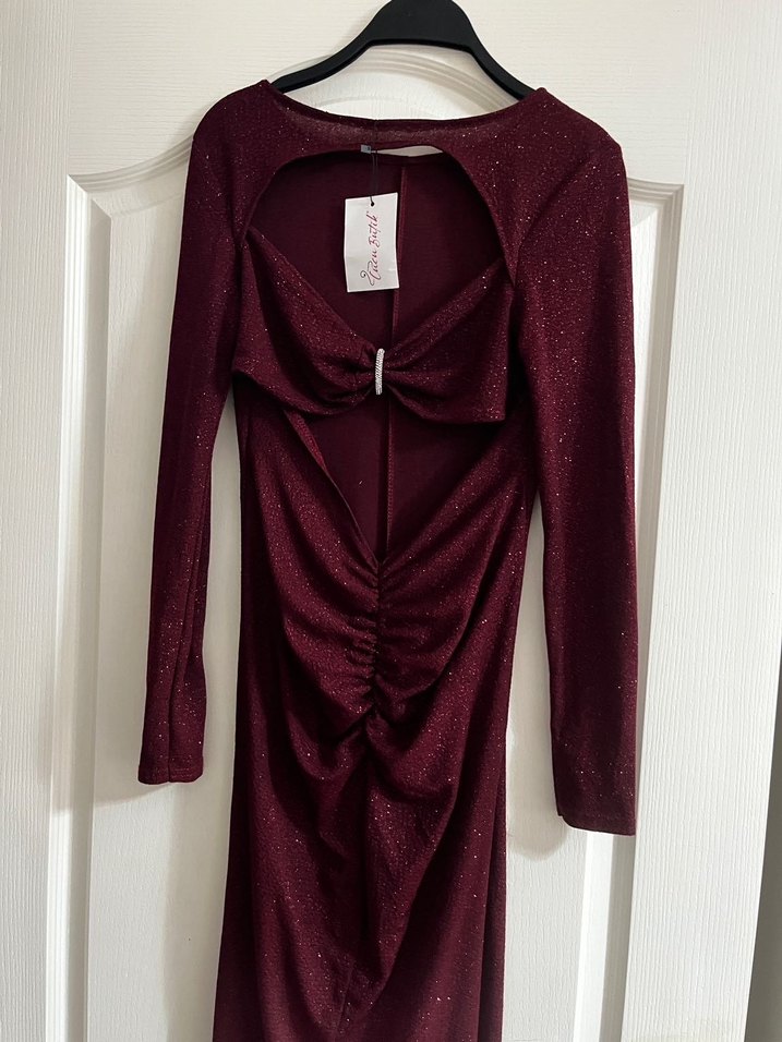 Bordo Uzun Kollu V Yaka Drapeli Abiye Elbise - Görsel 2