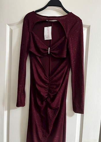 Bordo Uzun Kollu V Yakalı Elbise - Görsel 2