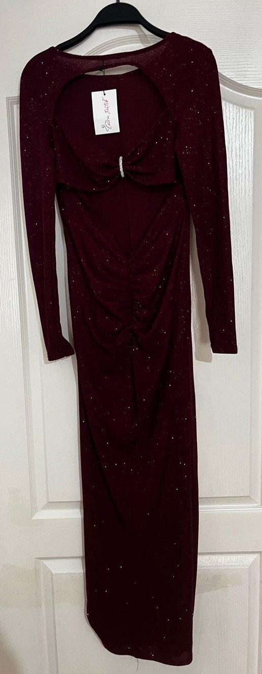 Bordo Uzun Kollu V Yakalı Elbise - Görsel 3