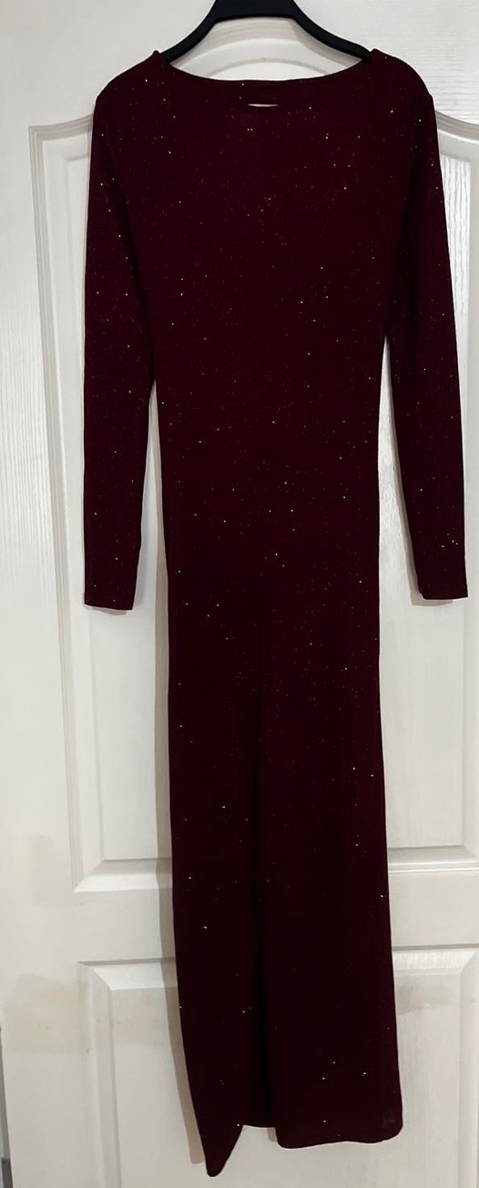 Bordo Uzun Kollu V Yakalı Elbise - Görsel 4