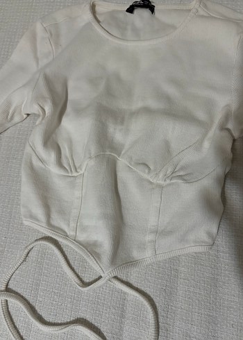 Beyaz Keten Mini Bluz, Uzun Kollu, Dar Kesim - Görsel 2