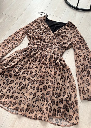 Leopar Desenli Uzun Kollu Mini Elbise
