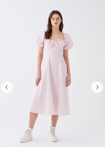 LC Waikiki Cottagecore Toz Pembe Çiçekli Elbise