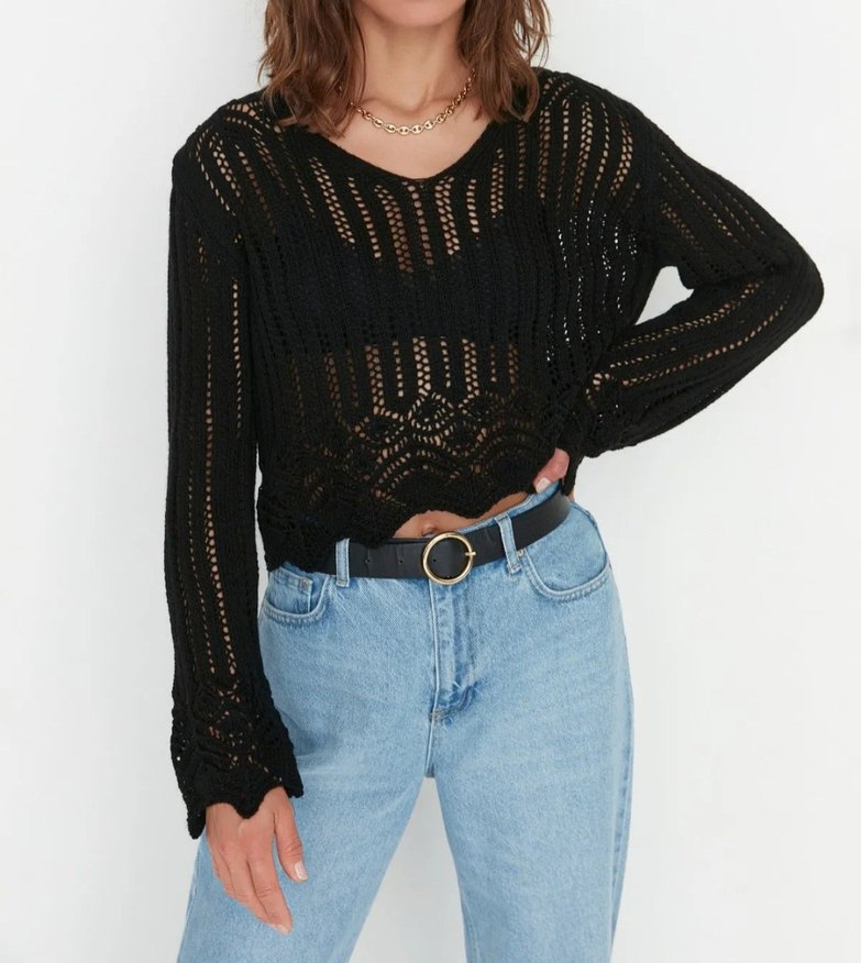Kadın Ajurlu Siyah V Yaka Örgü Kazak - Görsel 3