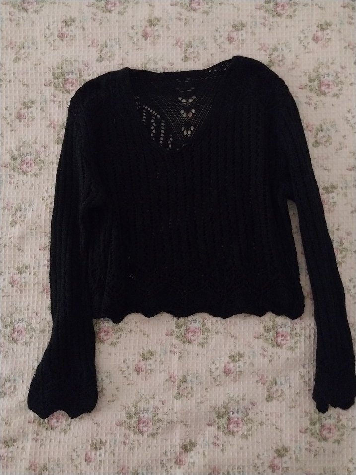 Kadın Ajurlu Siyah V Yaka Örgü Kazak - Görsel 5