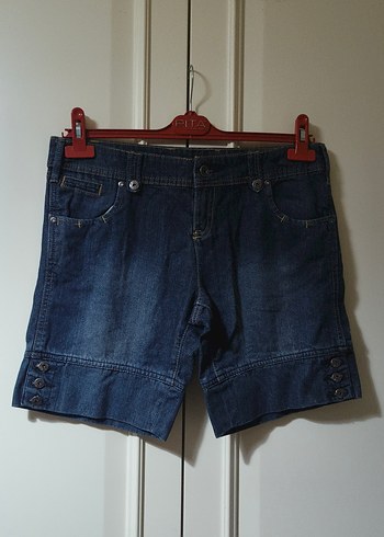 Side marka kot şort Düğmeli Koyu Mavi Kadın Denim Şort - Görsel 2