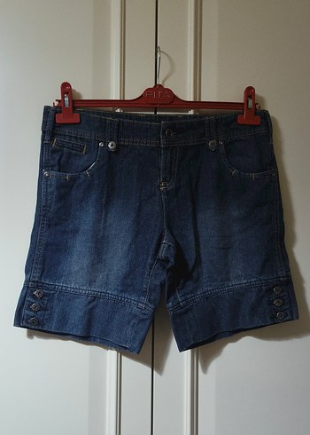 Side marka kot şort Düğmeli Koyu Mavi Kadın Denim Şort - Görsel 4