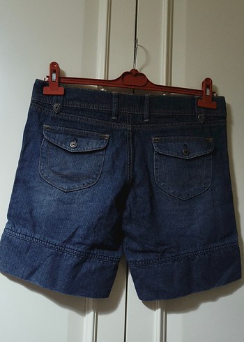 Side marka kot şort Düğmeli Koyu Mavi Kadın Denim Şort - Görsel 7