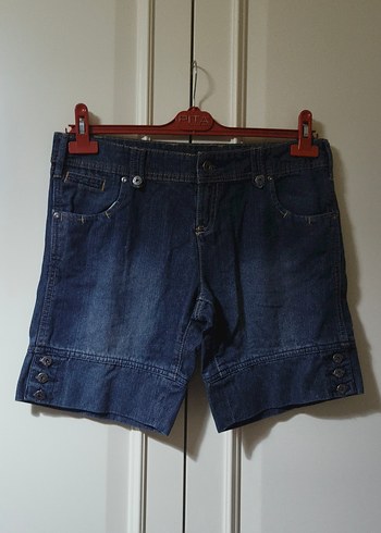 Side marka kot şort Düğmeli Koyu Mavi Kadın Denim Şort - Görsel 3