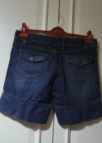 Side marka kot şort Düğmeli Koyu Mavi Kadın Denim Şort - Görsel 8