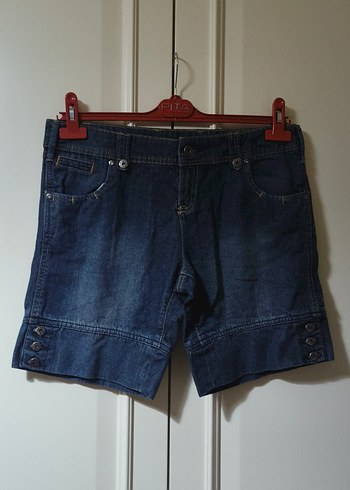 Side marka kot şort Düğmeli Koyu Mavi Kadın Denim Şort - Görsel 5