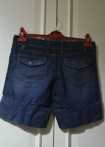 Side marka kot şort Düğmeli Koyu Mavi Kadın Denim Şort - Görsel 6