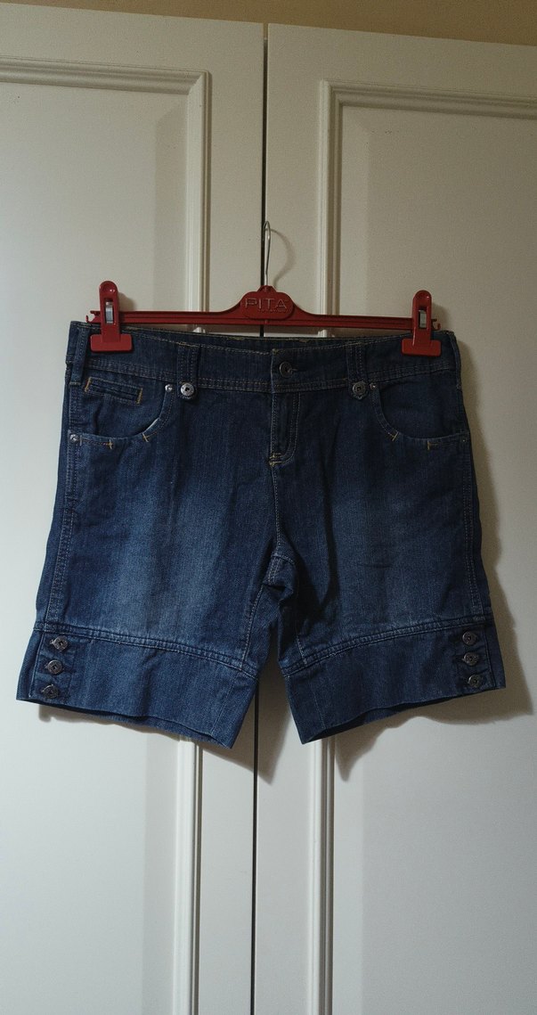 Side marka kot şort Düğmeli Koyu Mavi Kadın Denim Şort - Görsel 2