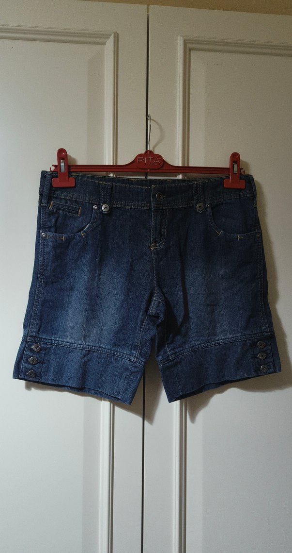 Side marka kot şort Düğmeli Koyu Mavi Kadın Denim Şort - Görsel 4