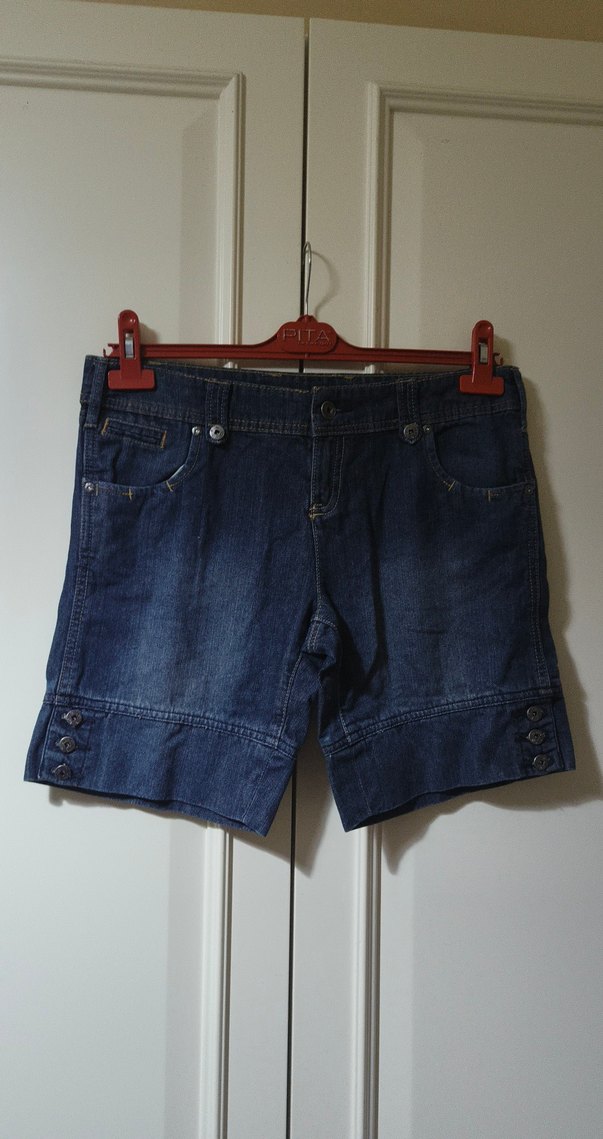 Side marka kot şort Düğmeli Koyu Mavi Kadın Denim Şort - Görsel 3