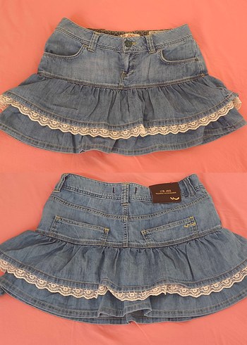 s Beden Ltb Vintage Dantel Detaylı Mavi Denim Mini Etek