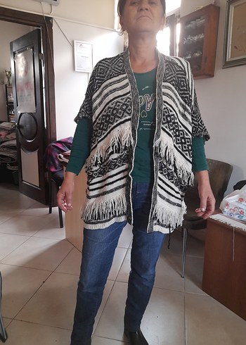 m Beden gri Renk Bohem Etnik Desenli Örgü Kadın Panço