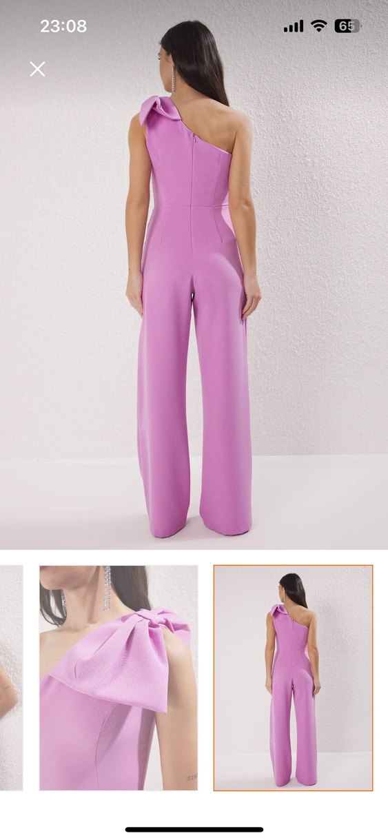 Pembe V Yaka Kadın Kumaş Tulum - Görsel 2