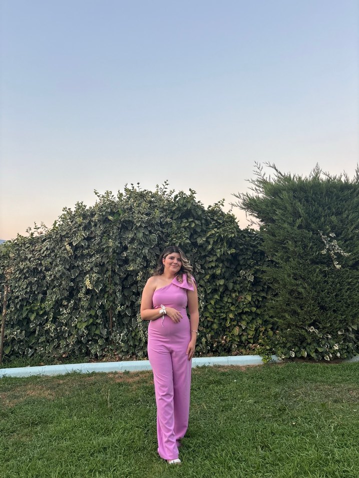 Pembe V Yaka Kadın Kumaş Tulum - Görsel 5