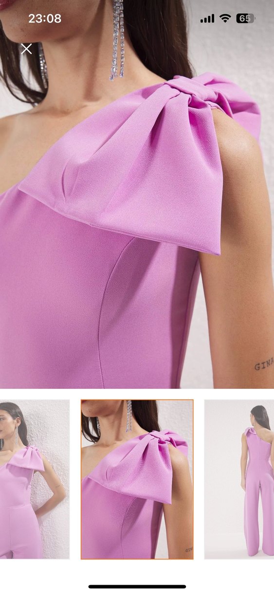 Pembe V Yaka Kadın Kumaş Tulum - Görsel 3