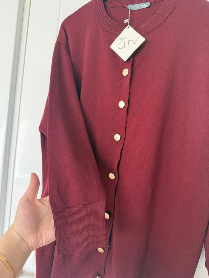 Bordo Düğmeli Kadın Midi Hırka - Görsel 2