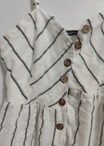 s Beden Düğmeli Beyaz Gri Zebra Desenli Keten Elbise