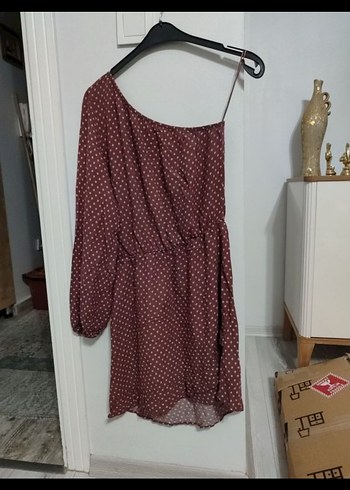 Bordo Asimetrik Tek Kollu Mini Elbise