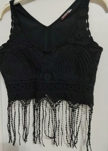 Püsküllü Siyah V Yakalı Kısa Büstiyer - Görsel 3