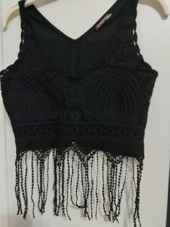 Püsküllü Siyah V Yakalı Kısa Büstiyer - Görsel 3