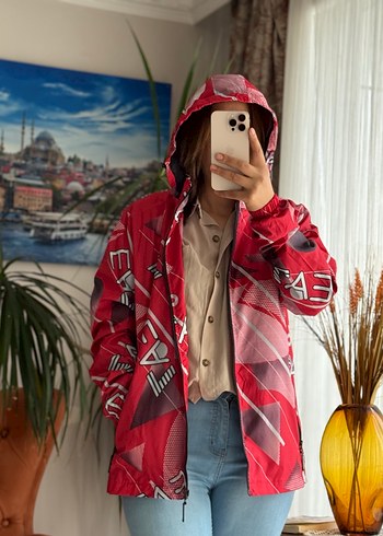 Kırmızı Kapüşonlu Fermuarlı Street Style Ceket - Görsel 4