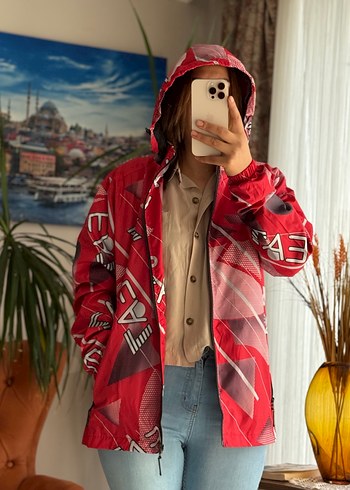 Kırmızı Kapüşonlu Fermuarlı Street Style Ceket - Görsel 5