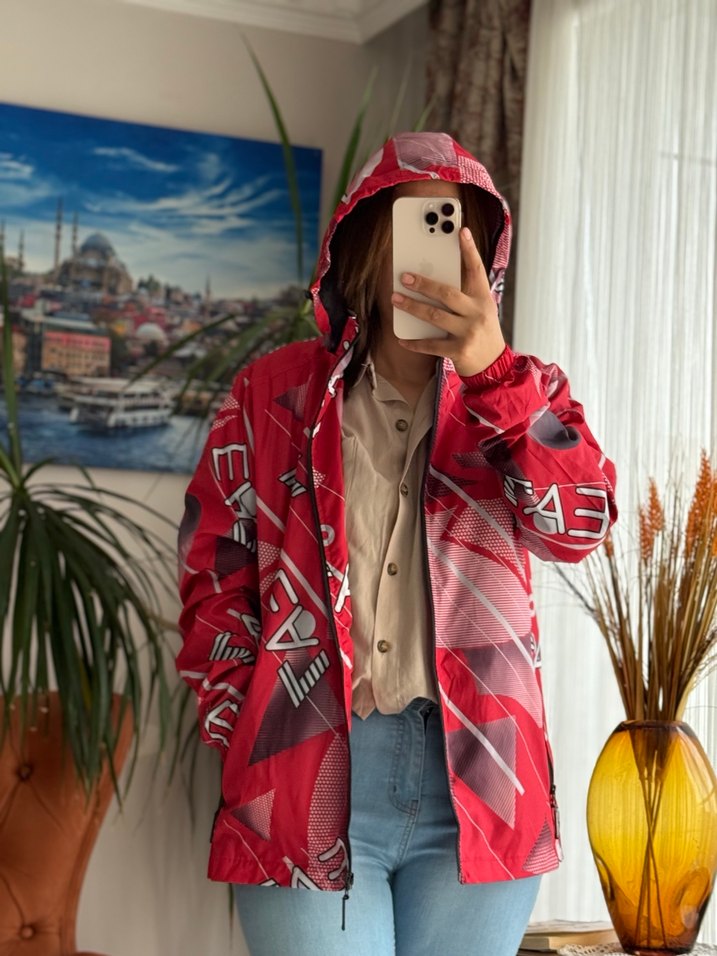 Kırmızı Kapüşonlu Fermuarlı Street Style Ceket - Görsel 4