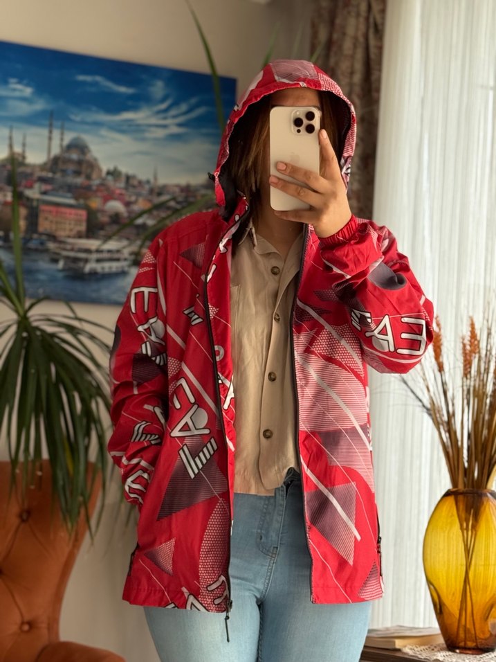 Kırmızı Kapüşonlu Fermuarlı Street Style Ceket - Görsel 5