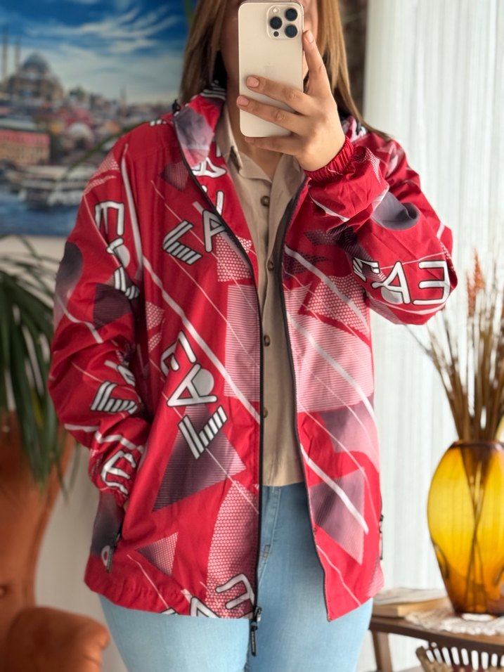 Kırmızı Kapüşonlu Fermuarlı Street Style Ceket - Görsel 2