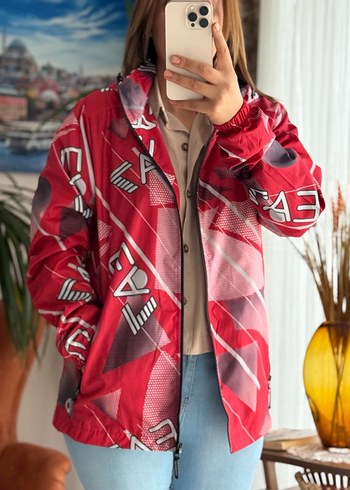 Kapüşonlu Kırmızı Batik Desenli Kadın Ceket - Görsel 2