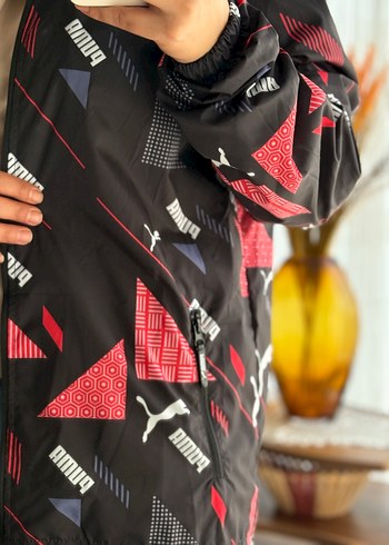 Siyah Kırmızı Desenli Fermuarlı Kadın Ceket - Görsel 5