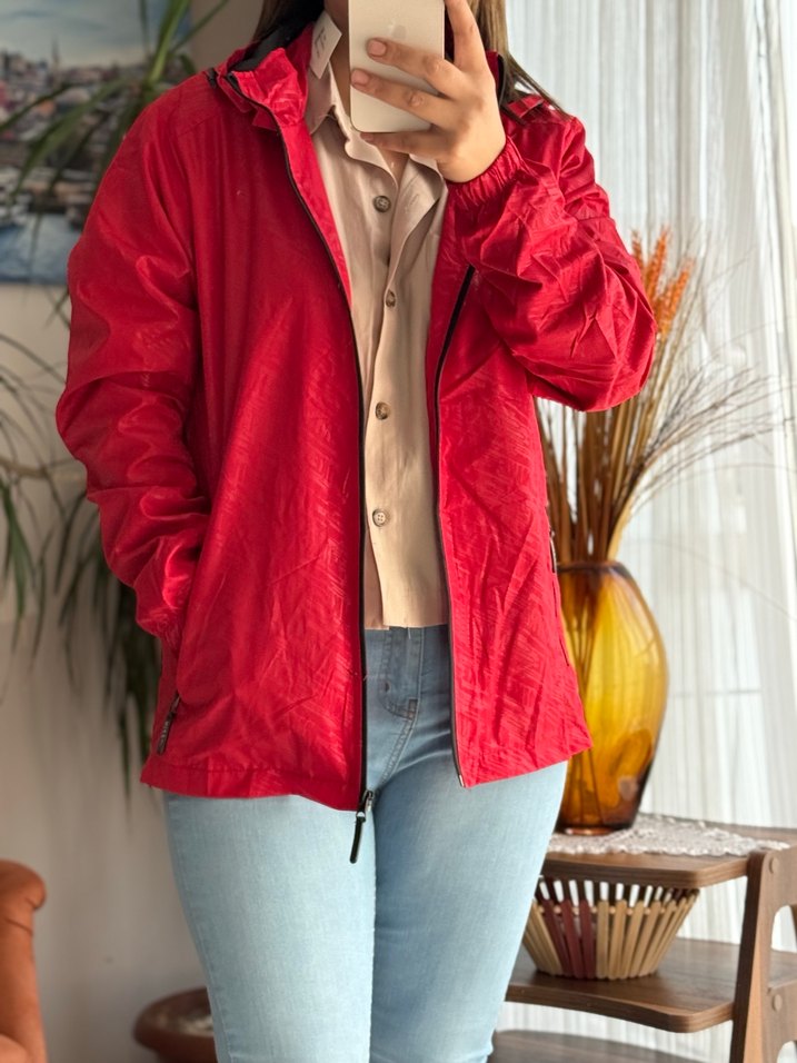 Kırmızı Rahat Kesim Midi Kadın Ceket Yağmurluk - Görsel 3
