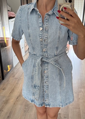 Stradivarius Düğmeli Mavi Denim Midi Elbise