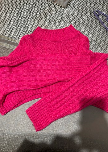 Pembe Balıkçı Yaka Örgü Kadın Crop Kazak - Görsel 2