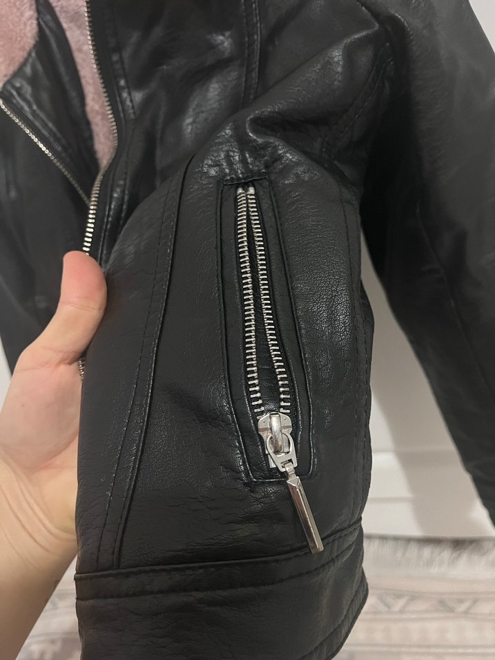 Kürk Detaylı Pembe Deri Biker Ceket - Görsel 4