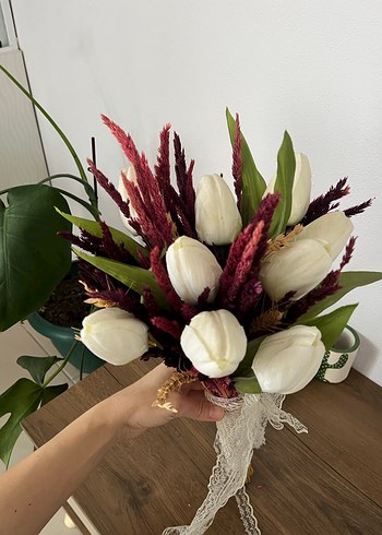 Dantel Detaylı Beyaz Bohem Gelin Buketi - Görsel 4