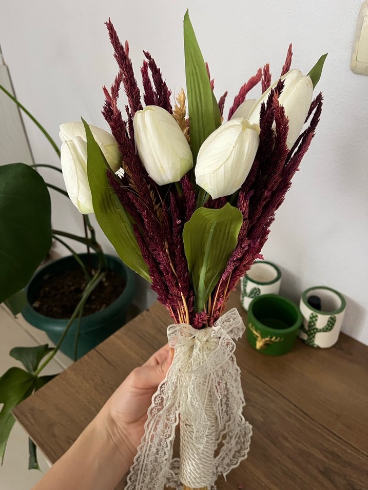 Dantel Detaylı Beyaz Bohem Gelin Buketi - Görsel 2