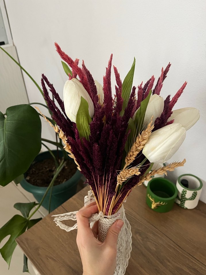 Dantel Detaylı Beyaz Bohem Gelin Buketi - Görsel 3